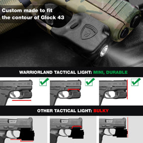 Mini Gun Light with Kydex Holster Custom Molded for Glock 43 / Glock 43X LED Tactical Pistol Handgun Flashlight | WARRIORLAND