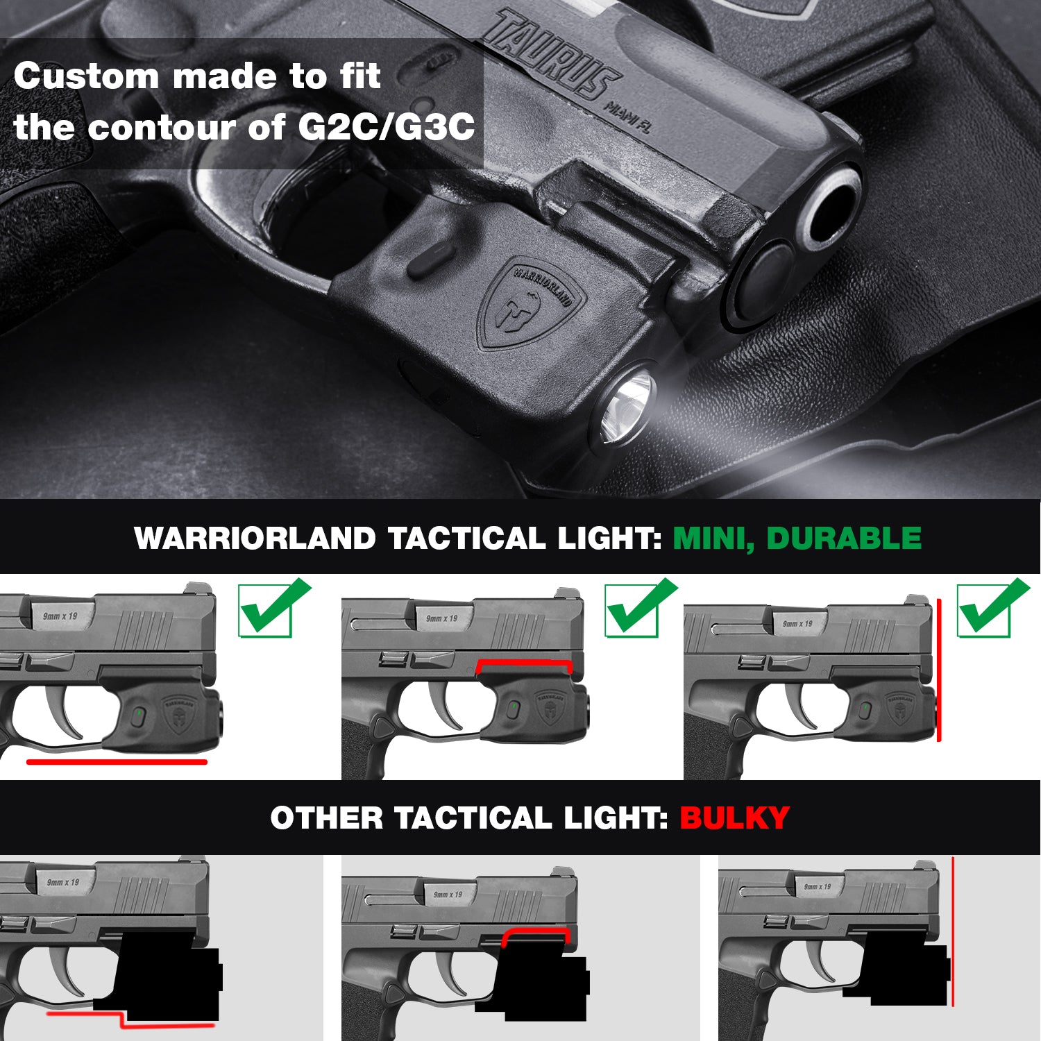 Mini Gun Light with Kydex Holster Tailored Made for Taurus G2C / Taurus G3C /Millennium G2 PT111 Pistol LED Tactical Flashlight