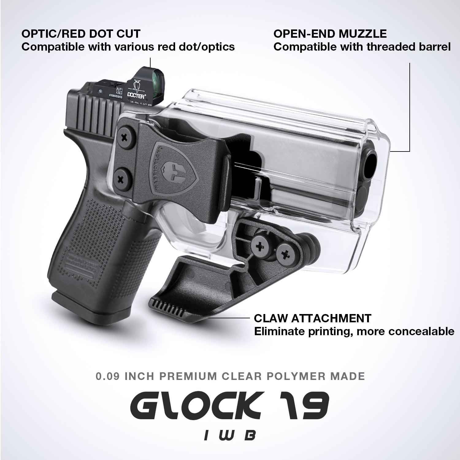Clear Polymer IWB Holsters with Claw Glock 17 19 23 32 Gen 4 5 19X
