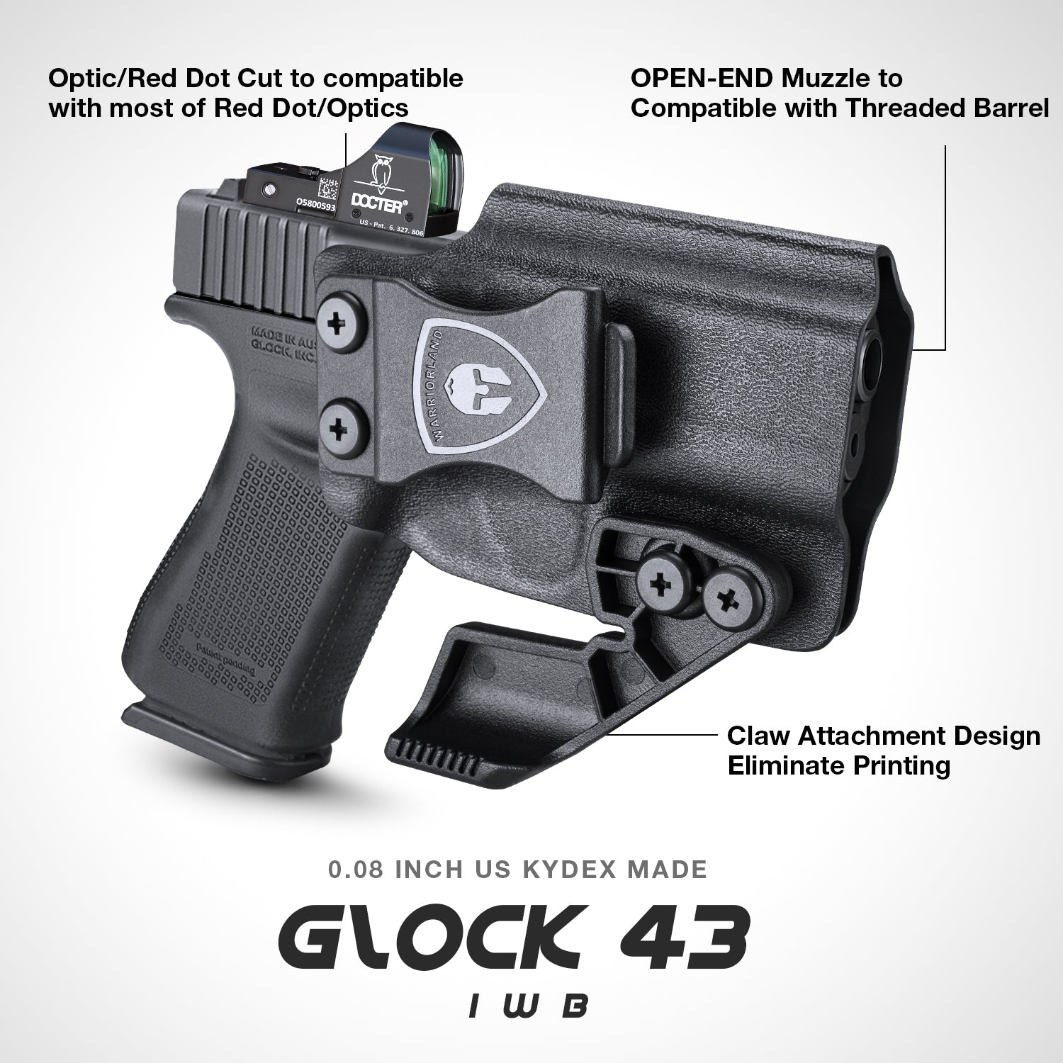 Glock 43 43x IWB Kydex Holster with Claw Red Dot Optics Cut Appendix Concealment Carry Trigger Guard Holsters for Fat Guys | WARRIORLAND