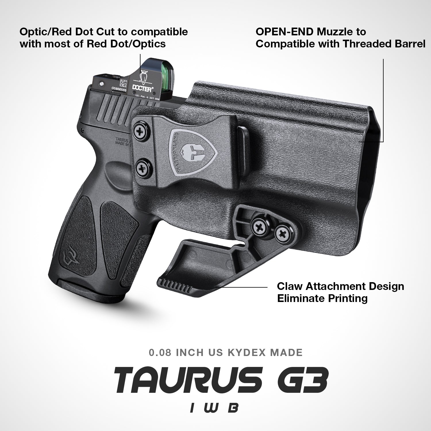 Taurus G3 IWB Kydex Holster with Claw Red Dot Optics Cut Concealed Carry Appendix Concealment Trigger Guard Holsters for Fat Guys | WARRIORLAND