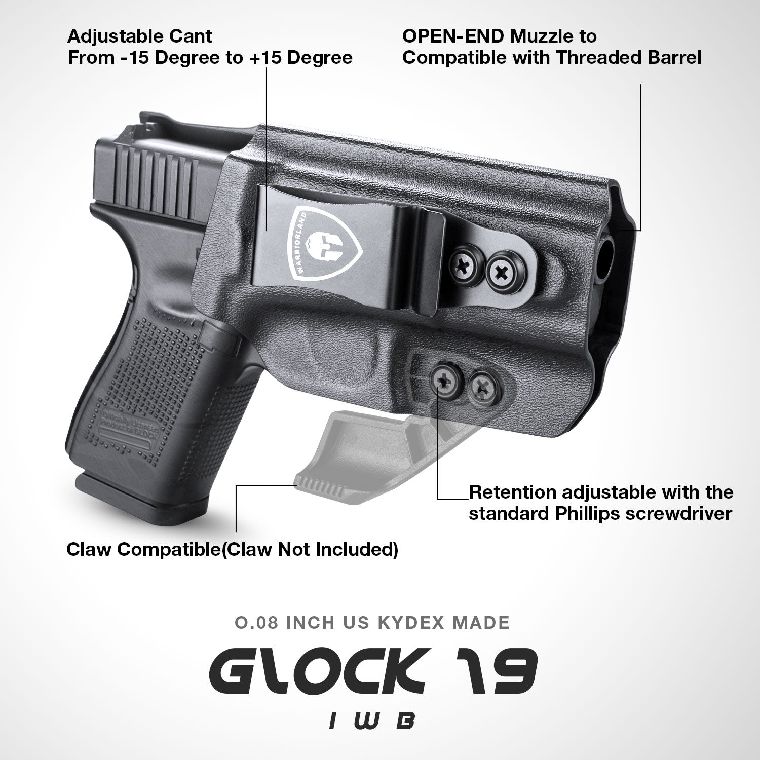 IWB Glock 17 19 23 26 32 Gen 4 5 19X 44 45 Holster Adjustable Ride Height Metal Belt Clip | WARRIORLAND