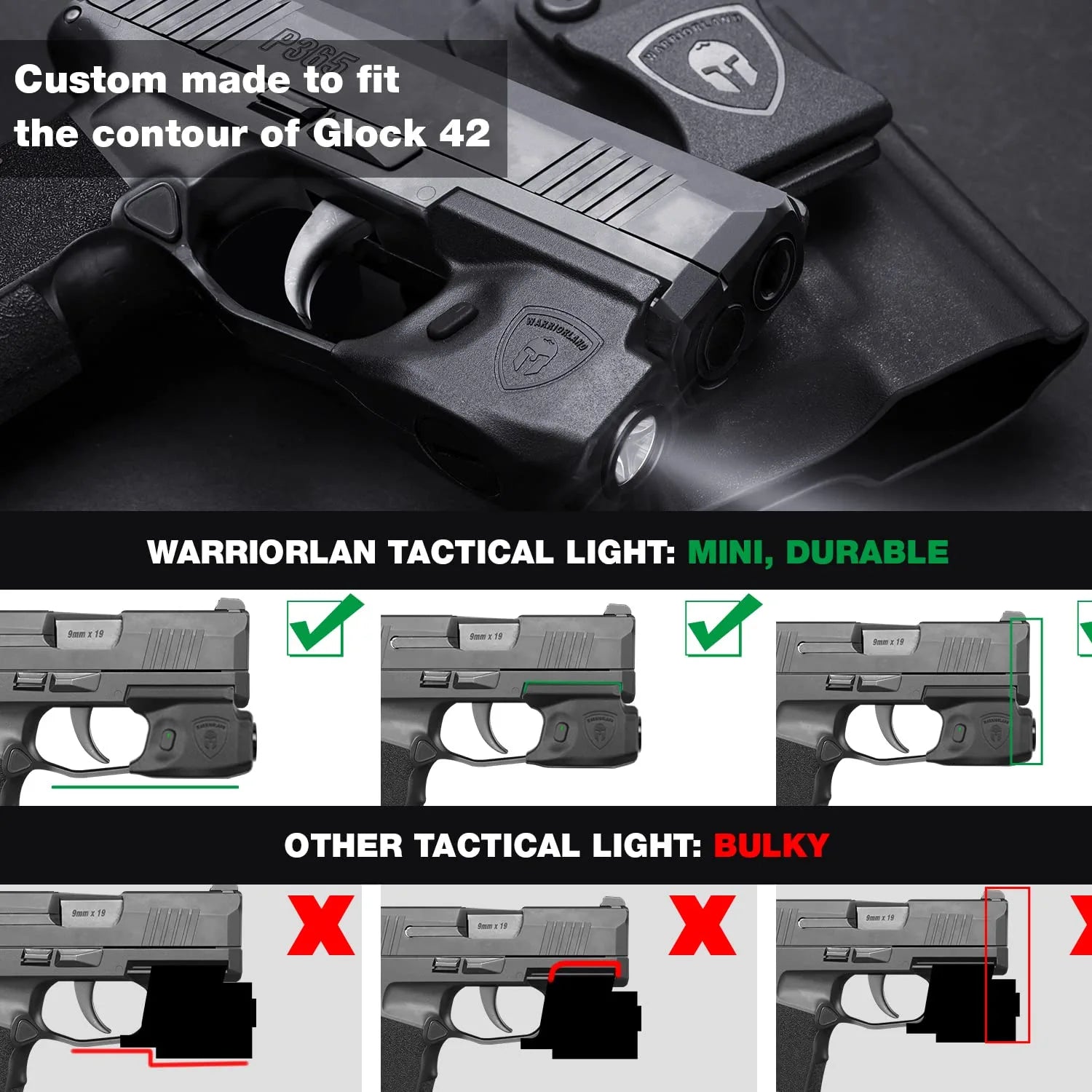 WARRIORLAND Mini Gun Light with Kydex Holster Tailored Made: G42 Pistol, 150 Lumens G42 Handgun Light, LED Tactical Flashlight SL-1 Pistol Light