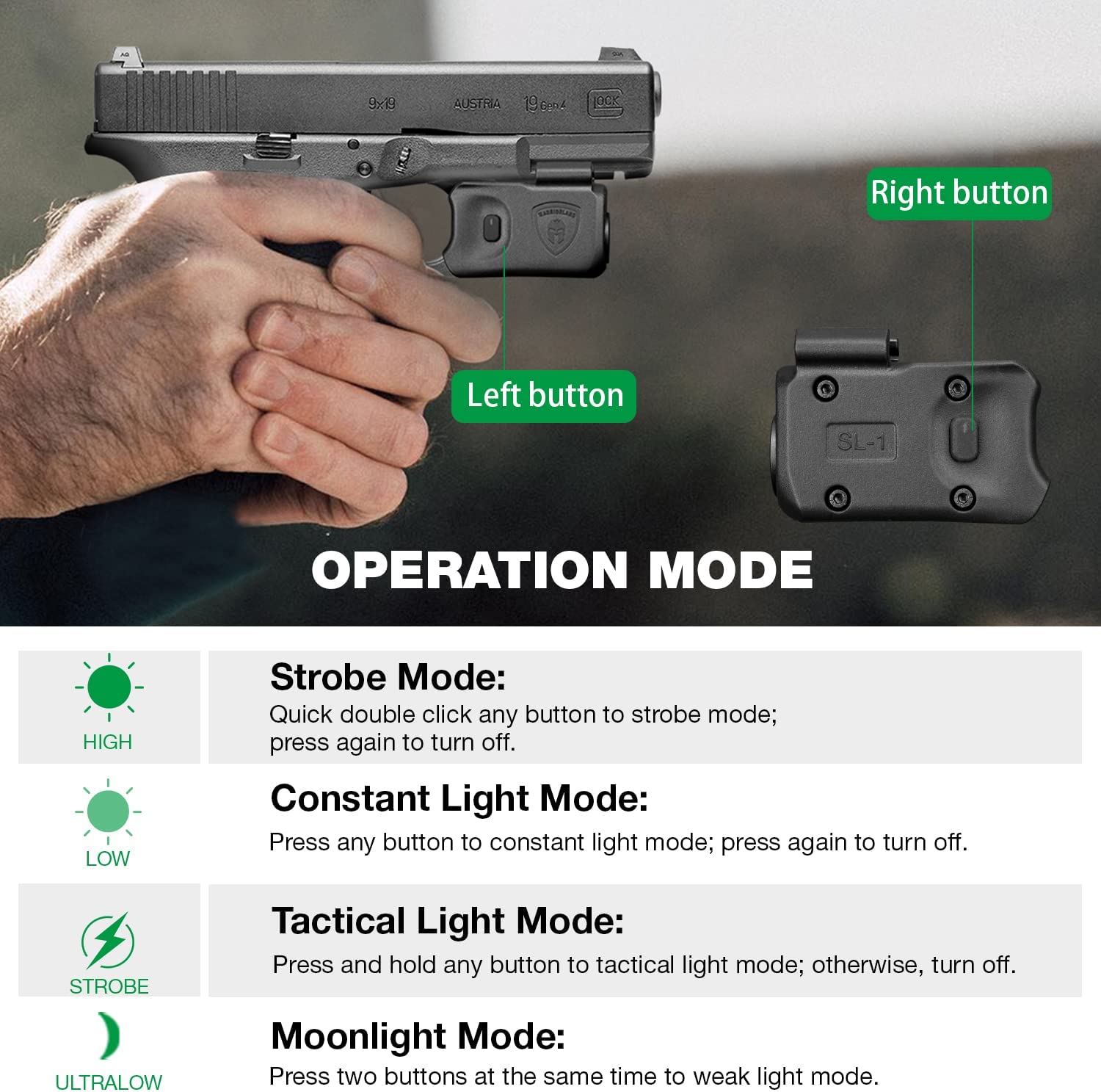 Mini Pistol Light with Kydex Holster Tailored Made: Glock 17/19/21/22 Gen 3 4 5 & G23/32 Gen 4 Pistol