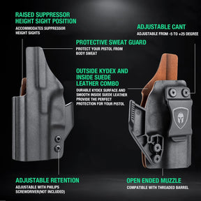 Glock 43 /43x Soft Lined Kydex Leather Inside Hybrid IWB with red dot sight optic cut and claw for fat guys