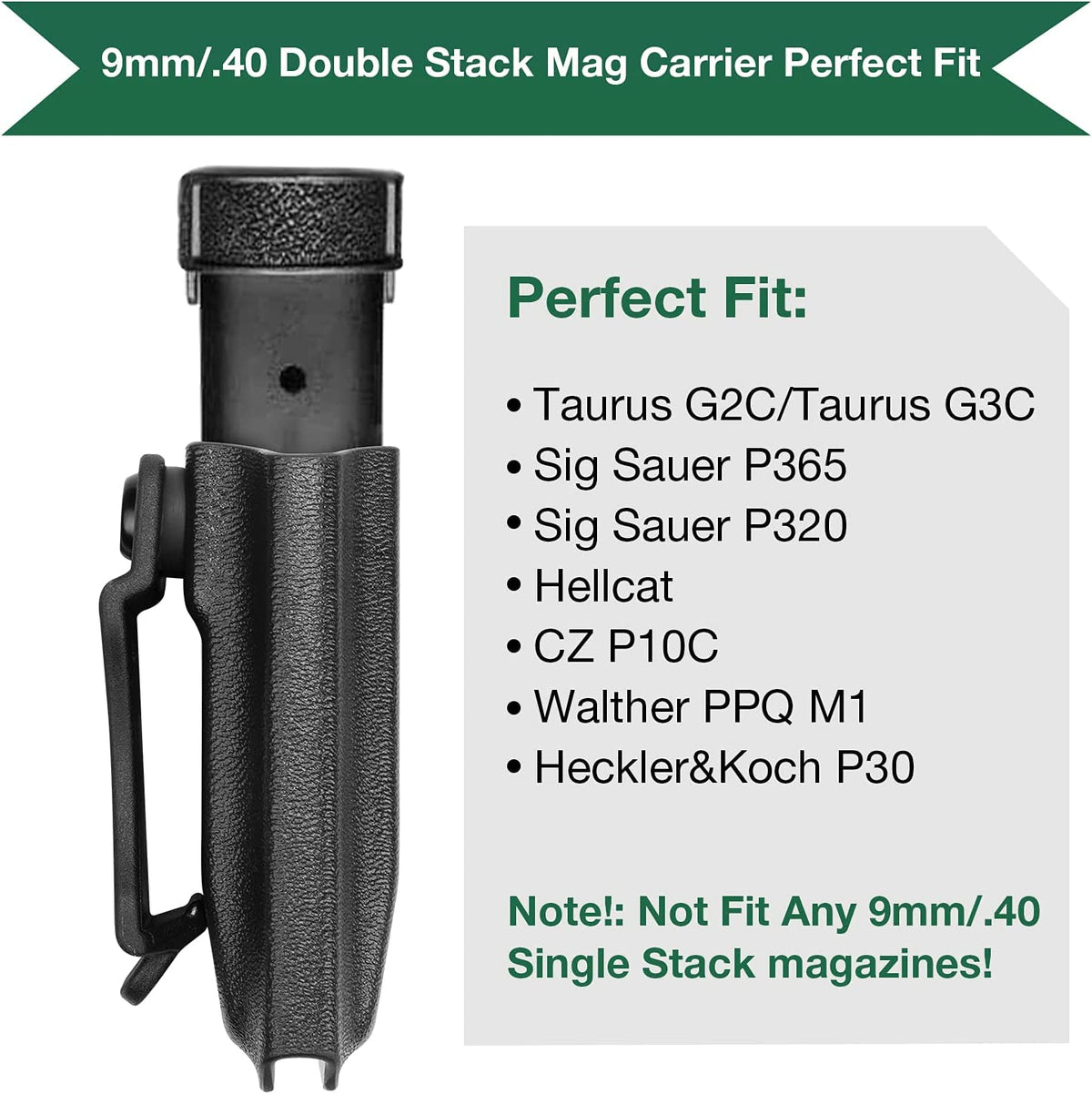 Universal 9mm/.40 Double Stack Mag Carrier IWB/OWB Magazine Holster Option 1: Glock 17 19 26 45(Gen 3-5)/HK VP9, Option 2: Taurus G2C/G3C/Sig Sauer P365/P320/Hellcat/CZ P10C/Walther PPQ M1