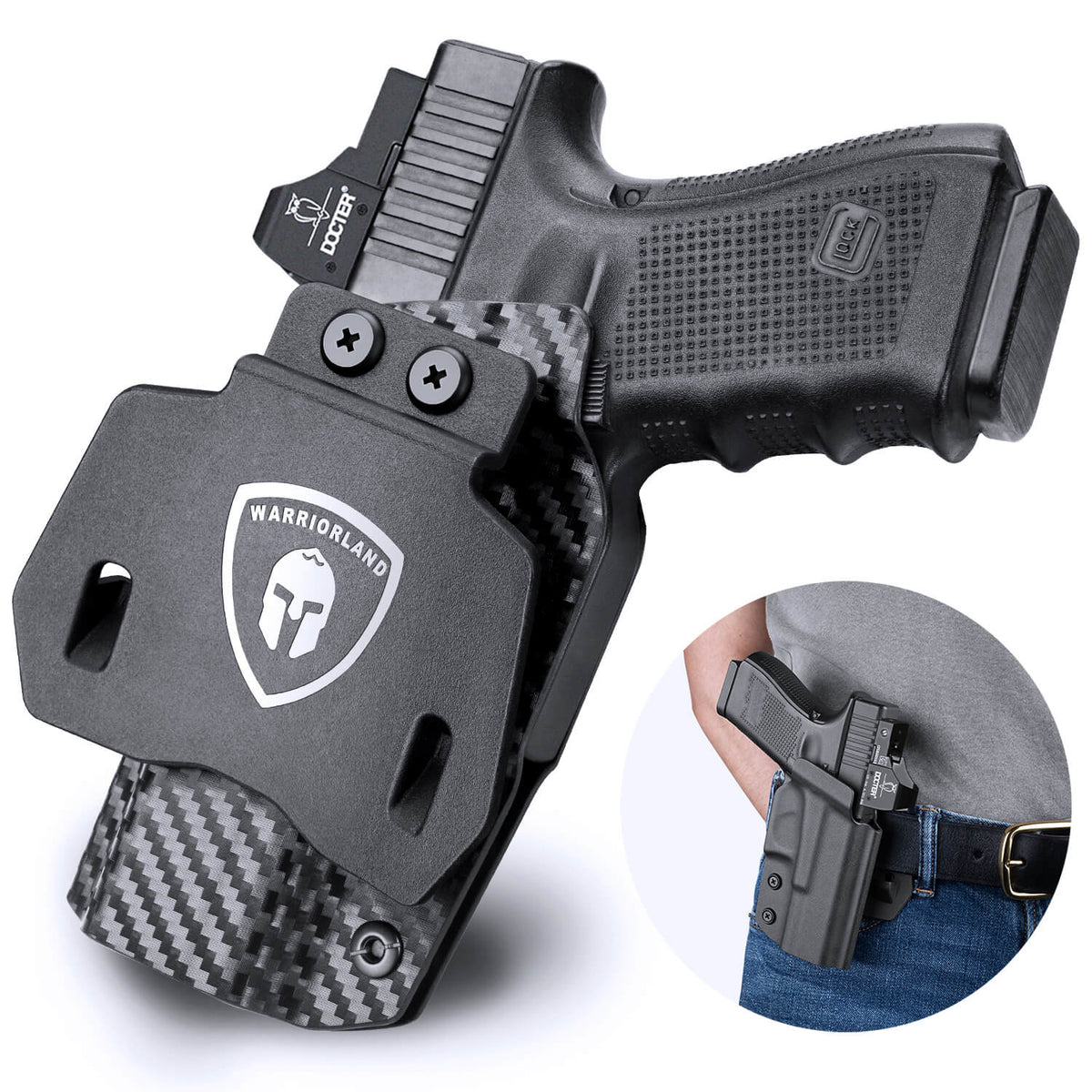 Glock 17 19 23 26 32 Gen 4 5 19X 44 45 OWB Paddle Carbon Fiber Kydex with Red Dot Sights Optics Cut Trigger Guard | WARRIORLAND